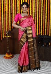 Pink with Rani Pink and Black Border Gadwal Saree With Blouse Piece - Adi Akshoy & Co.