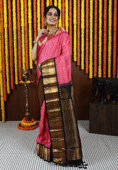 Pink with Rani Pink and Black Border Gadwal Saree With Blouse Piece - Adi Akshoy & Co.