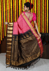 Pink with Rani Pink and Black Border Gadwal Saree With Blouse Piece - Adi Akshoy & Co.