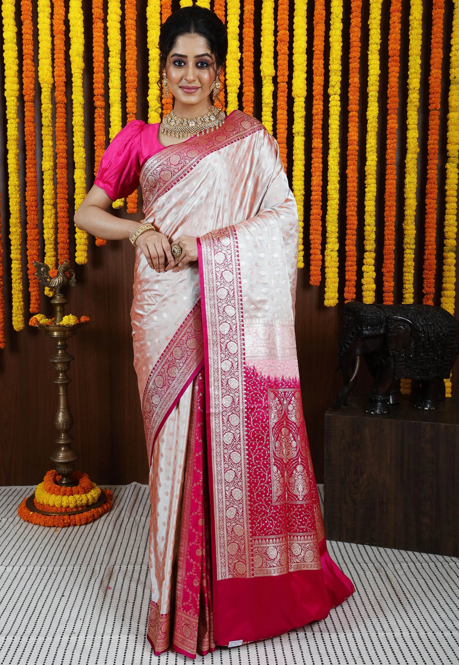 Tussar with Rani Pink Border Korial Patli Banarasi Silk Saree With Blouse Piece - Adi Akshoy & Co.