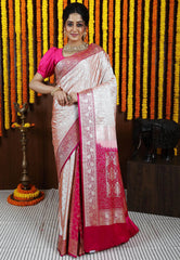Tussar with Rani Pink Border Korial Patli Banarasi Silk Saree With Blouse Piece - Adi Akshoy & Co.