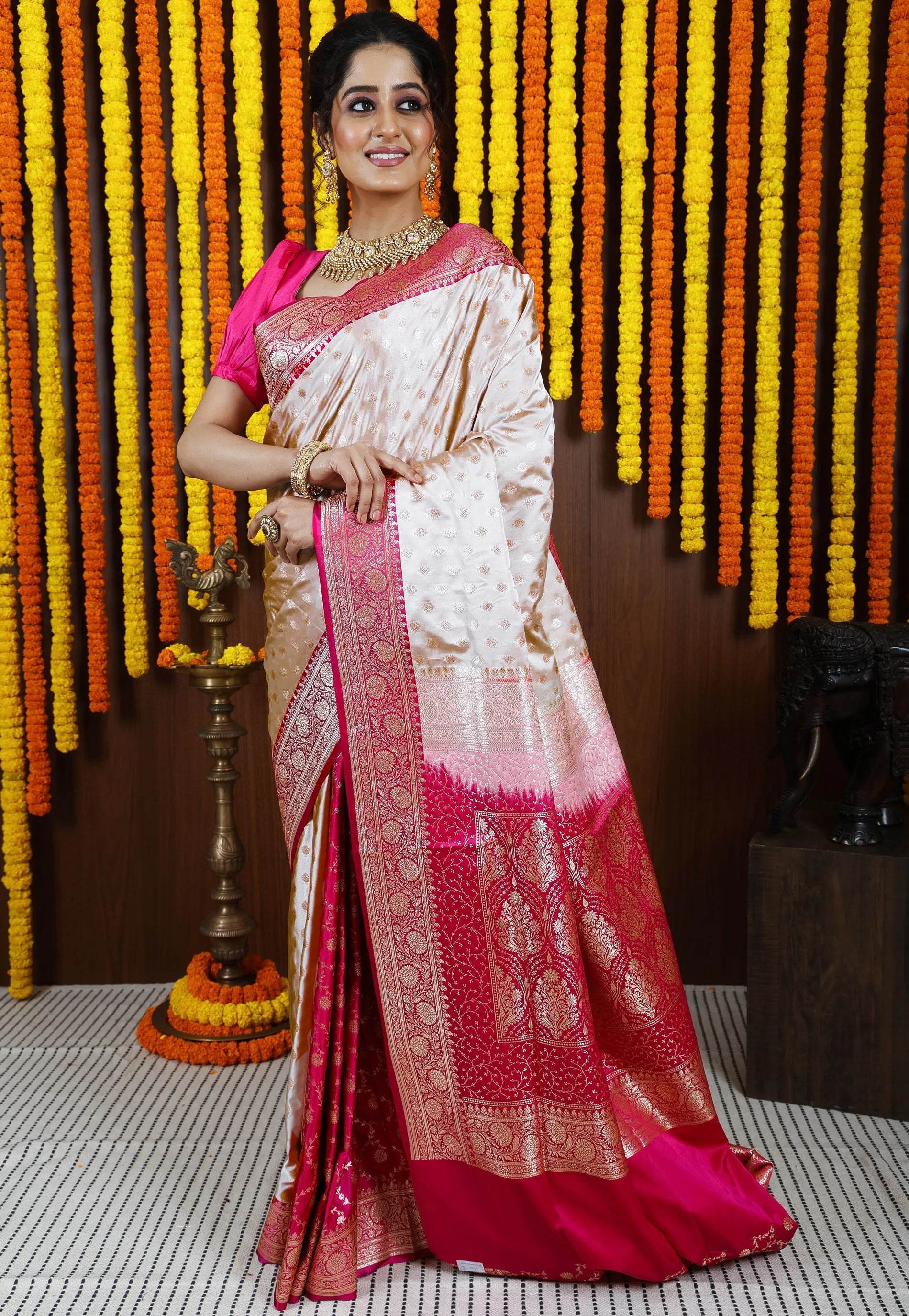 Tussar with Rani Pink Border Korial Patli Banarasi Silk Saree With Blouse Piece - Adi Akshoy & Co.
