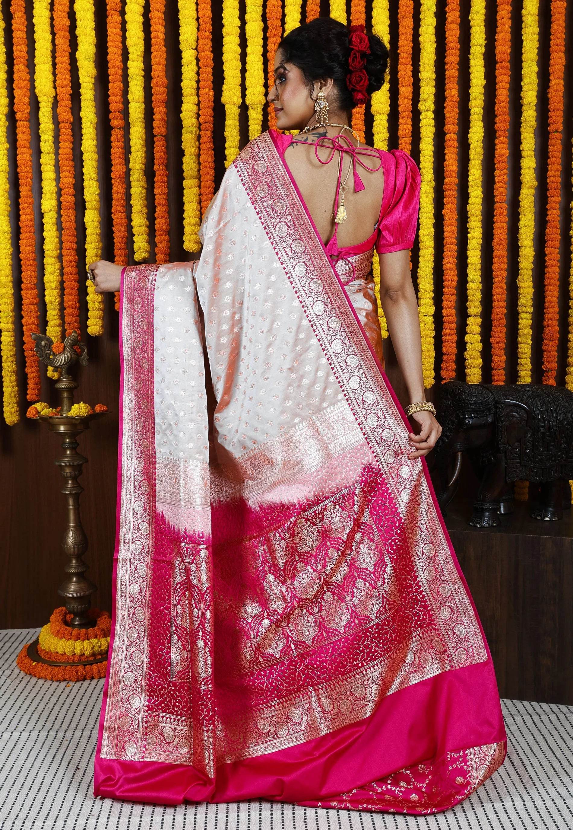 Tussar with Rani Pink Border Korial Patli Banarasi Silk Saree With Blouse Piece - Adi Akshoy & Co.
