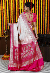 Tussar with Rani Pink Border Korial Patli Banarasi Silk Saree With Blouse Piece - Adi Akshoy & Co.