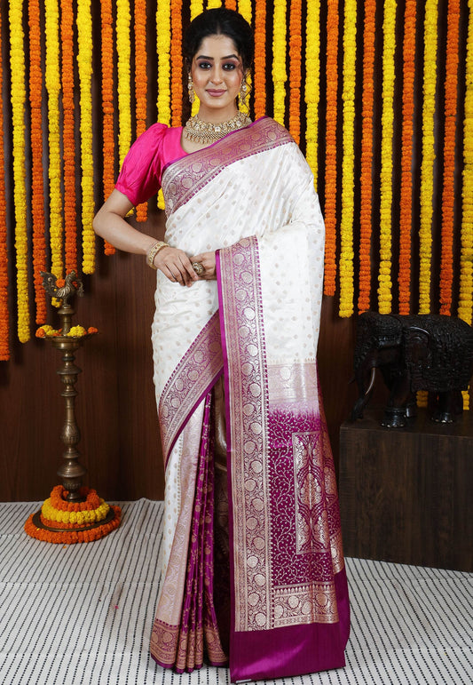 Off White with Magenta border Korial Patli Banarasi Silk Saree With Blouse Piece - Adi Akshoy & Co.