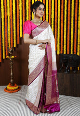 Off White with Magenta border Korial Patli Banarasi Silk Saree With Blouse Piece - Adi Akshoy & Co.