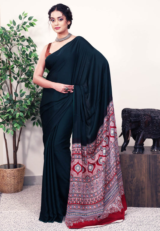 Bottle Green Ajrakh print in Modal Silk Saree With Blouse Piece - Adi Akshoy & Co.