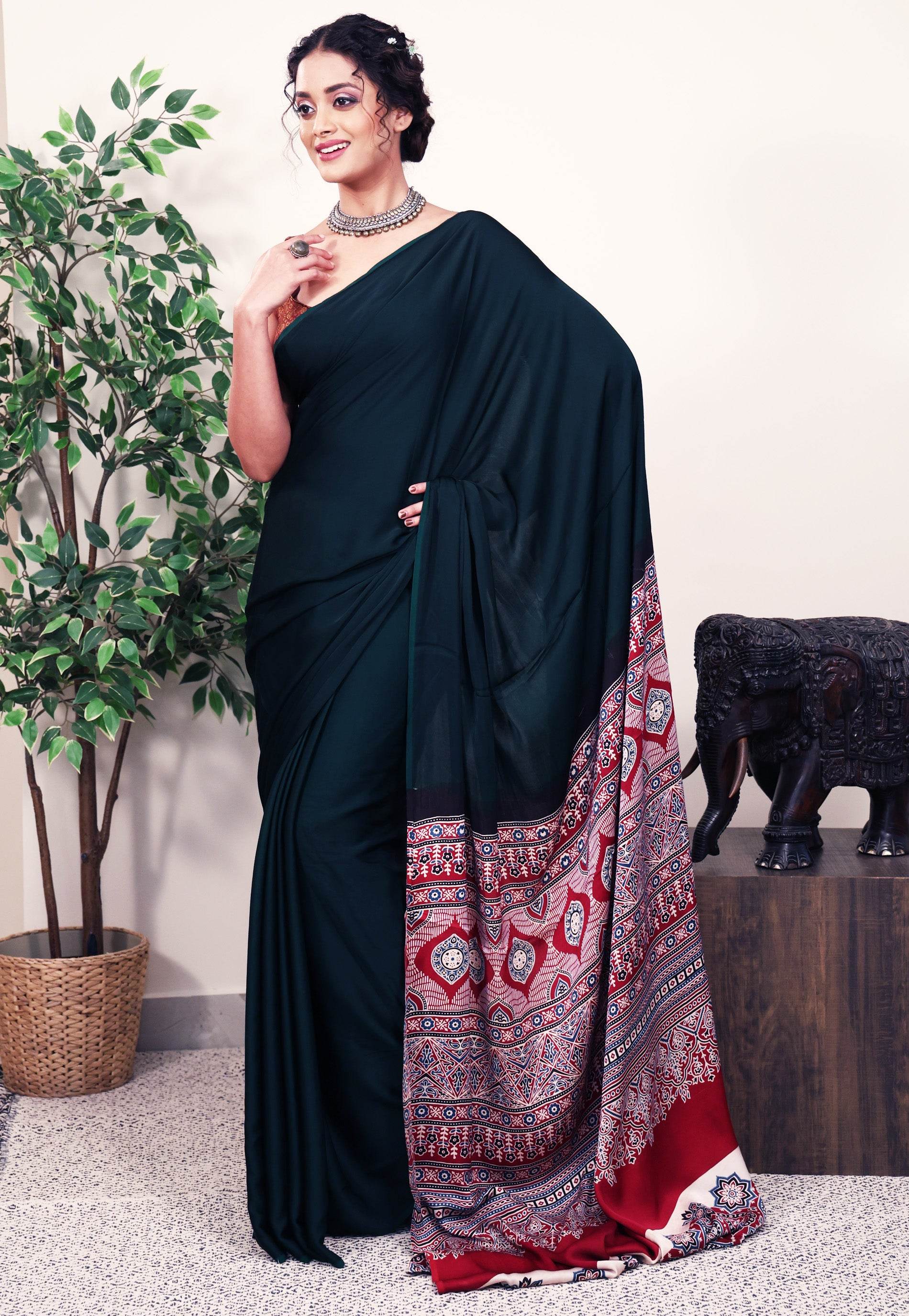 Bottle Green Ajrakh print in Modal Silk Saree With Blouse Piece - Adi Akshoy & Co.