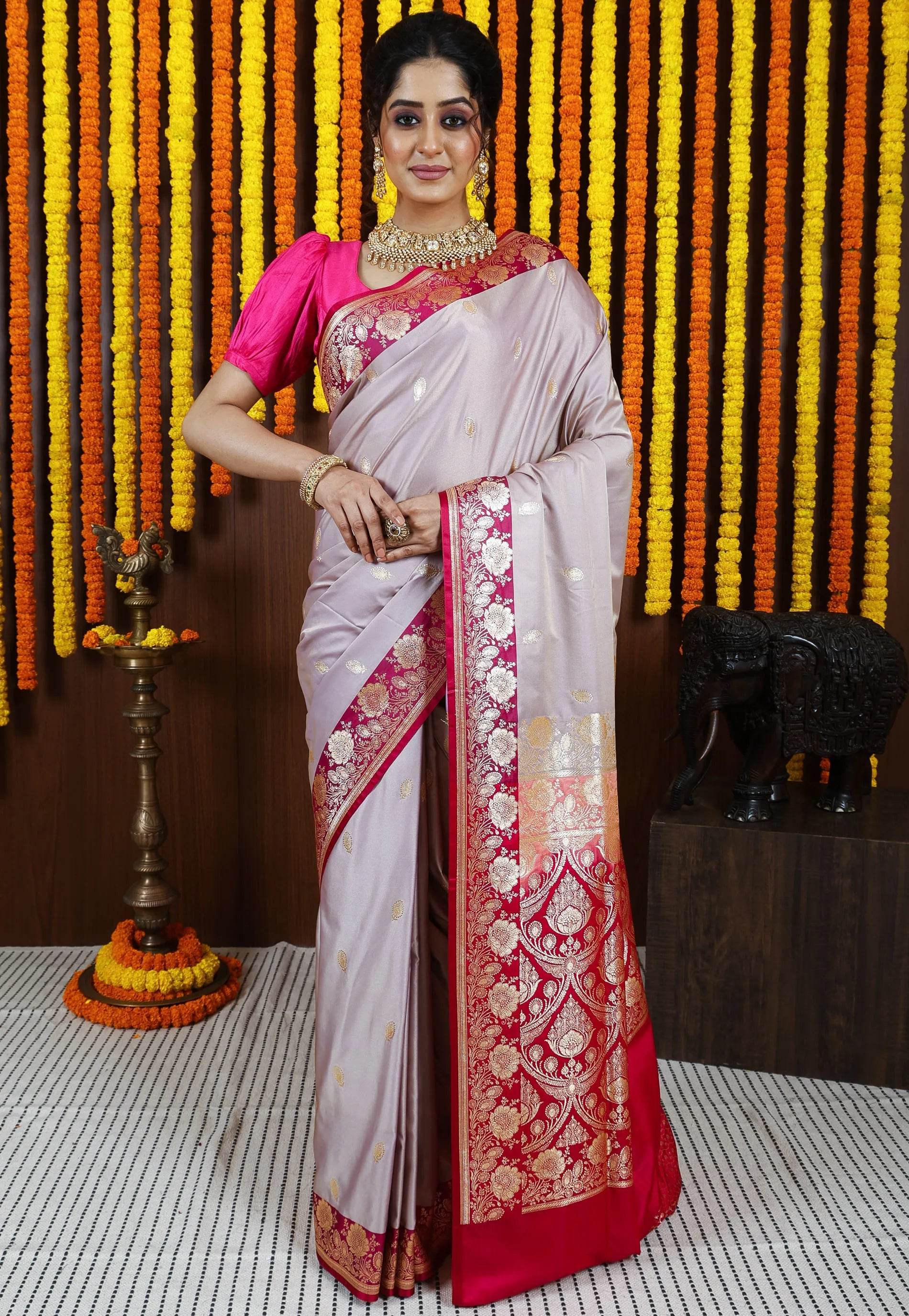 Beige Pastel Banarasi Silk Saree With Blouse Piece - Adi Akshoy & Co.