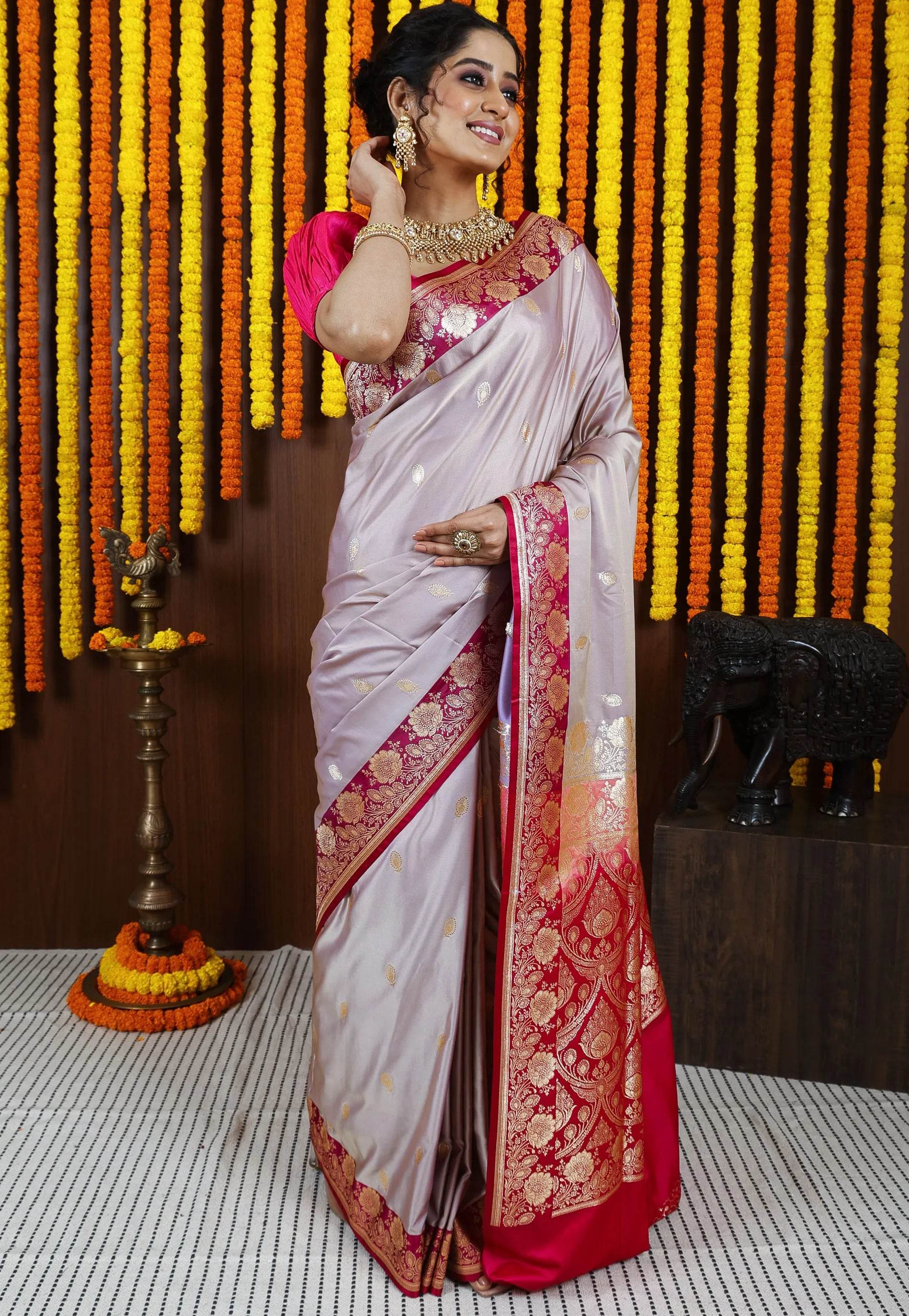 Beige Pastel Banarasi Silk Saree With Blouse Piece - Adi Akshoy & Co.