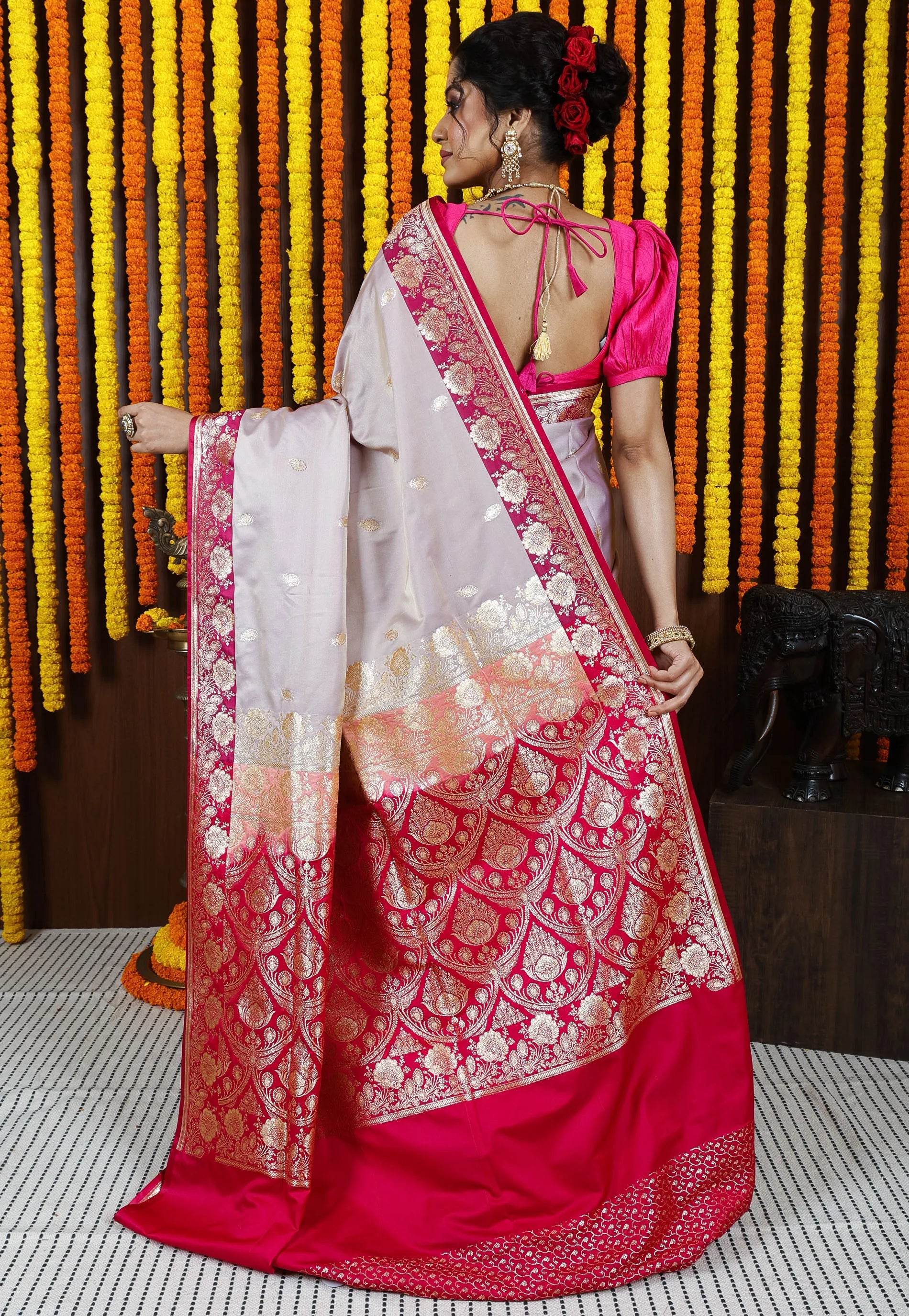 Beige Pastel Banarasi Silk Saree With Blouse Piece - Adi Akshoy & Co.