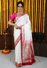 Cream with Rani Pink Border Korial Banarasi Silk Saree With Blouse Piece - Adi Akshoy & Co.