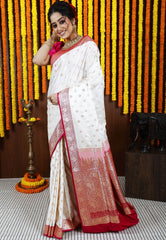 Cream with Rani Pink Border Korial Banarasi Silk Saree With Blouse Piece - Adi Akshoy & Co.