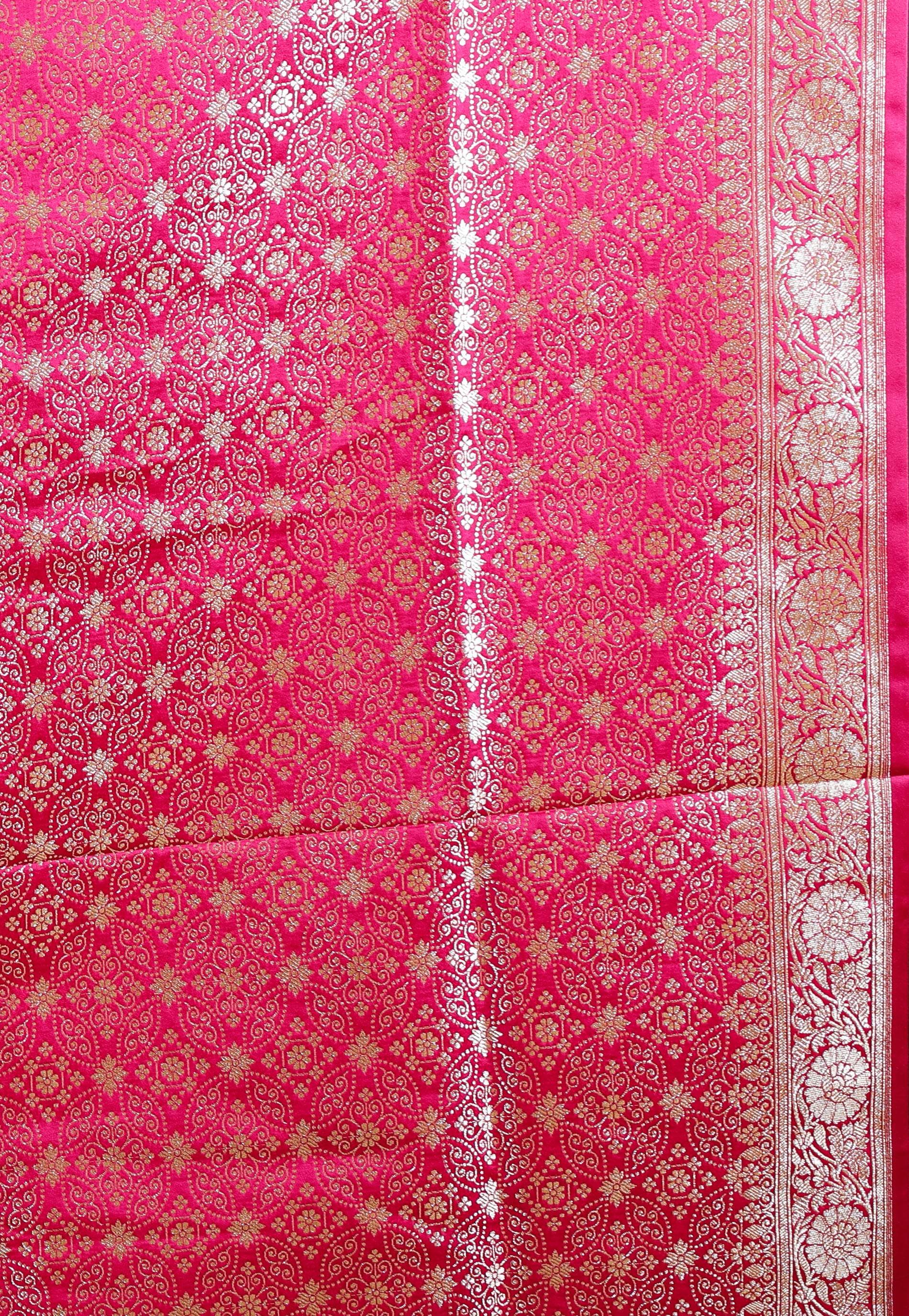 Cream with Rani Pink Border Korial Banarasi Silk Saree With Blouse Piece - Adi Akshoy & Co.