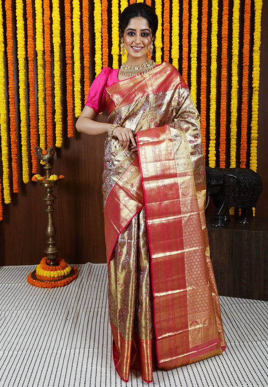 Golden Brocade with Rani Pink Border Tissue Kanjivaram Pure Silk Saree With Blouse Piece - Adi Akshoy & Co.