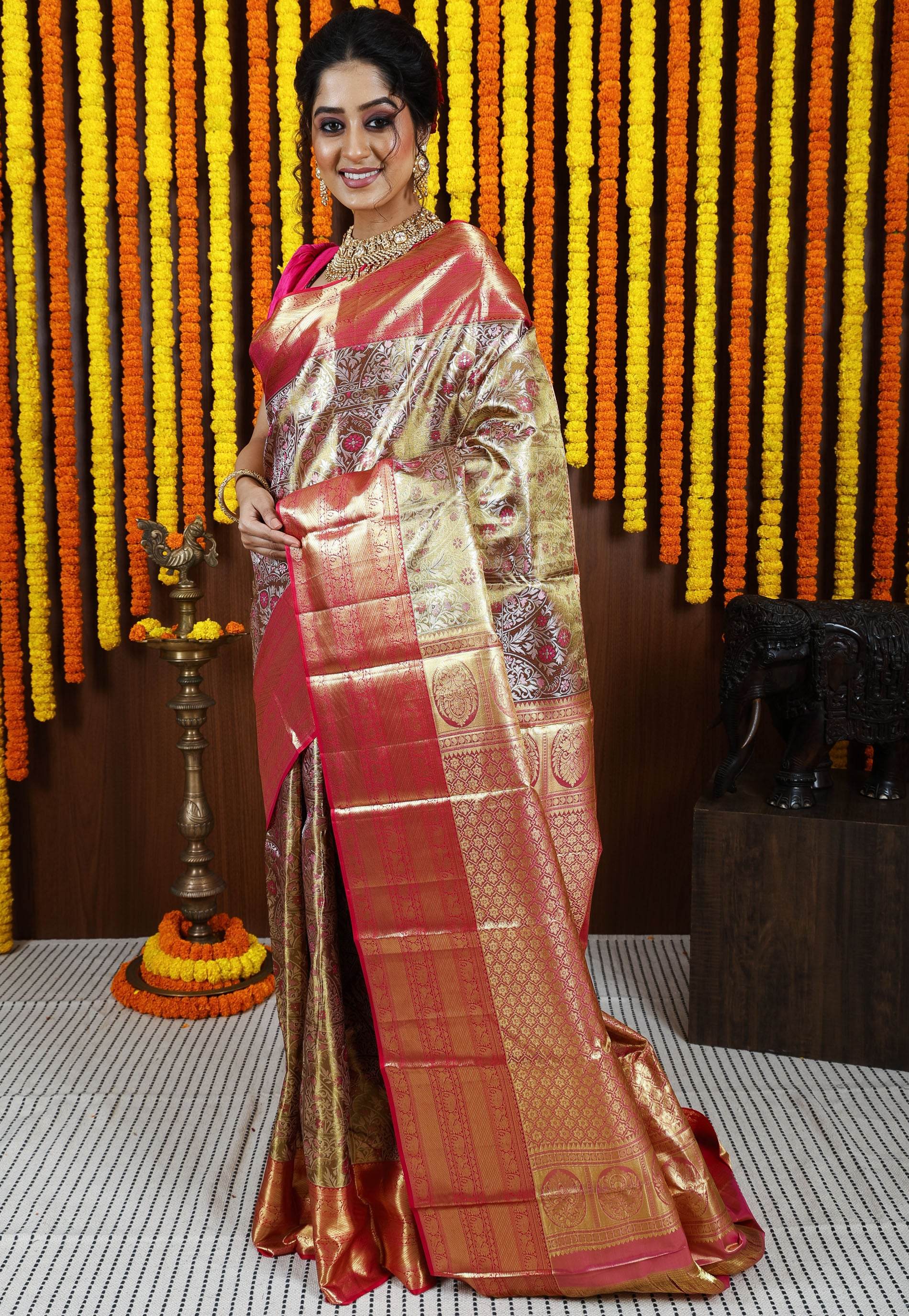 Golden Brocade with Rani Pink Border Tissue Kanjivaram Pure Silk Saree With Blouse Piece - Adi Akshoy & Co.