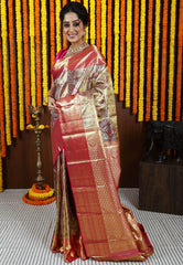 Golden Brocade with Rani Pink Border Tissue Kanjivaram Pure Silk Saree With Blouse Piece - Adi Akshoy & Co.