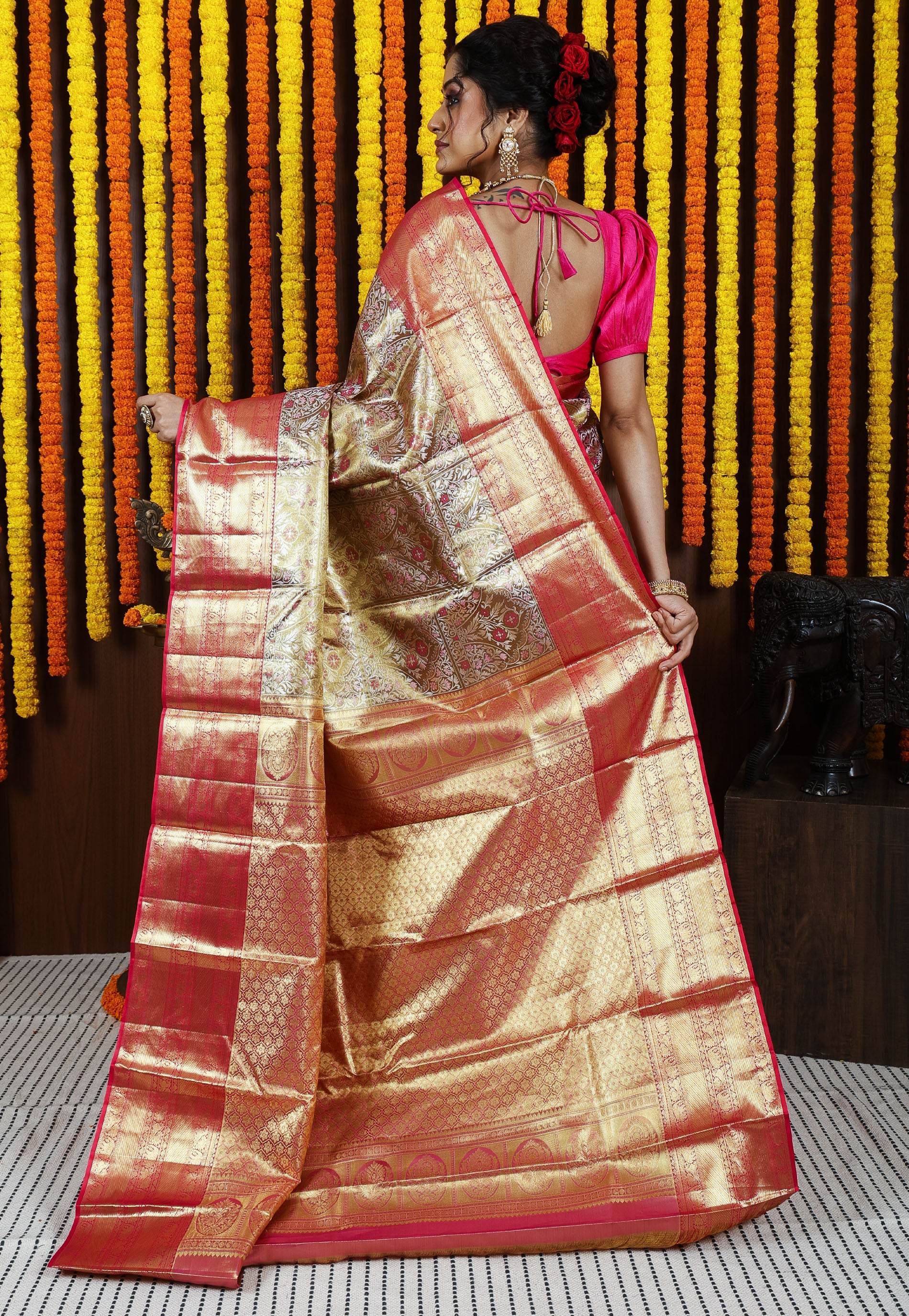 Golden Brocade with Rani Pink Border Tissue Kanjivaram Pure Silk Saree With Blouse Piece - Adi Akshoy & Co.