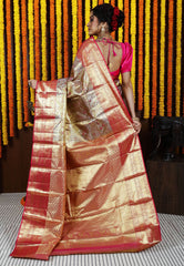 Golden Brocade with Rani Pink Border Tissue Kanjivaram Pure Silk Saree With Blouse Piece - Adi Akshoy & Co.