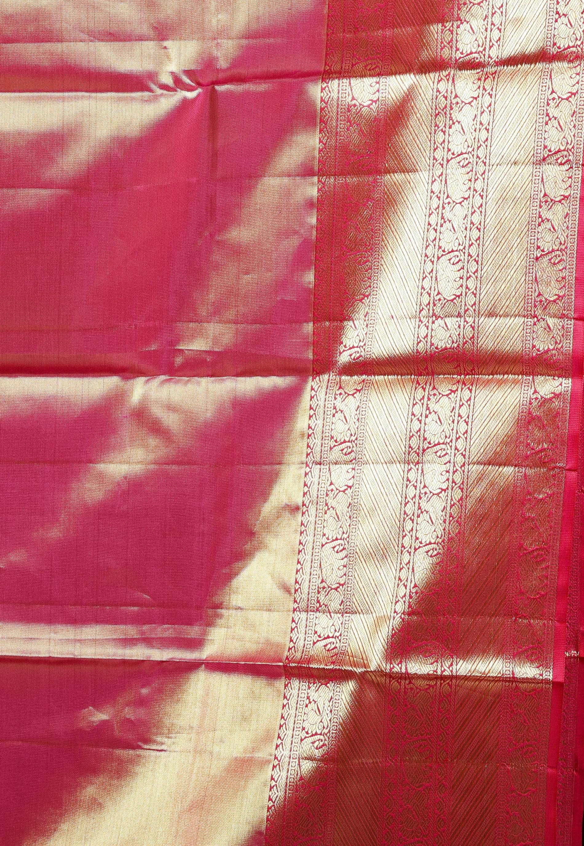 Golden Brocade with Rani Pink Border Tissue Kanjivaram Pure Silk Saree With Blouse Piece - Adi Akshoy & Co.