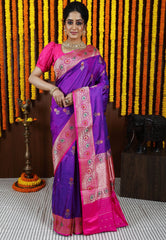 Purple Minakari with Rani Pink Border Kadwa Katan Silk Saree With Blouse Piece - Adi Akshoy & Co.