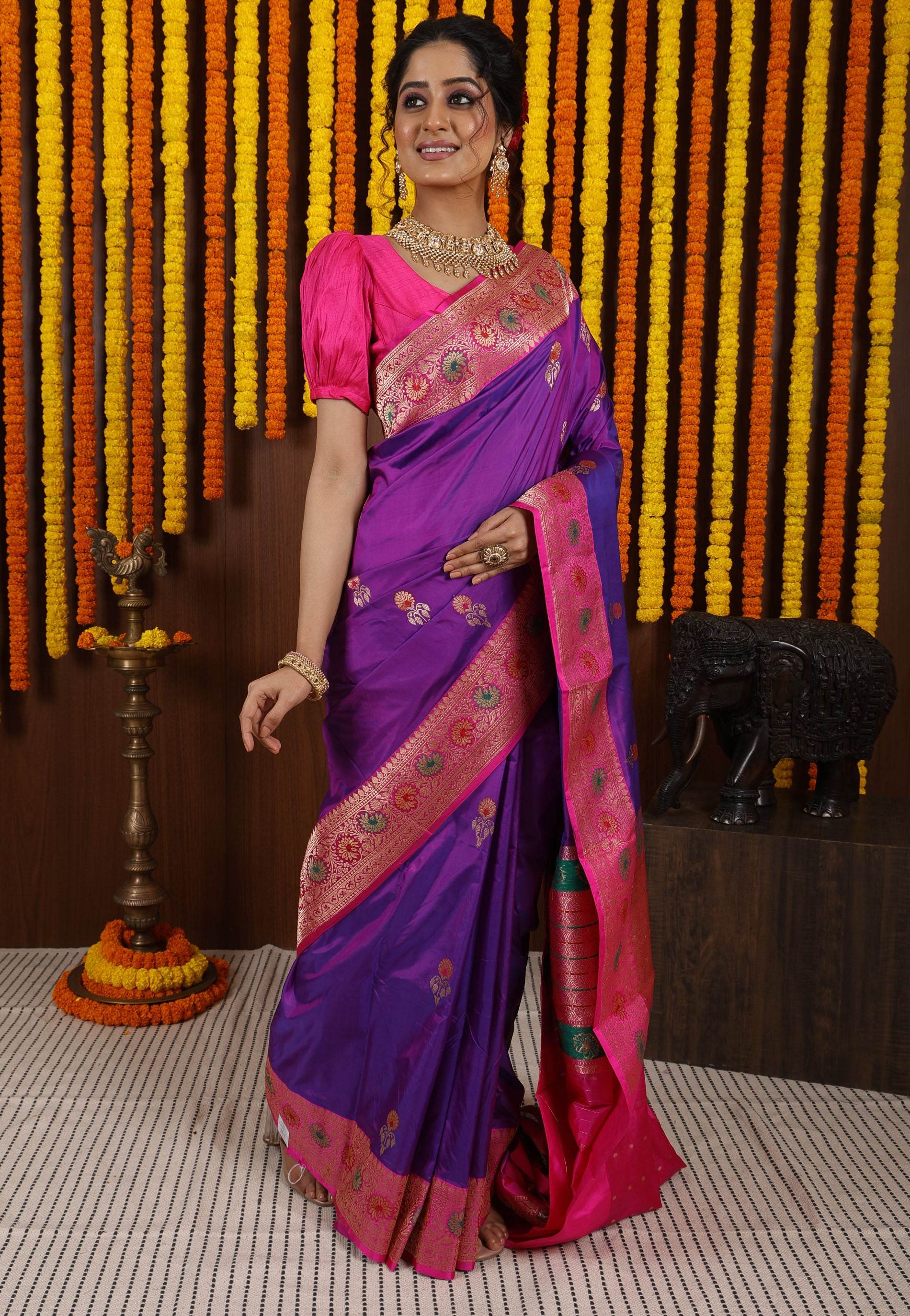 Purple Minakari with Rani Pink Border Kadwa Katan Silk Saree With Blouse Piece - Adi Akshoy & Co.