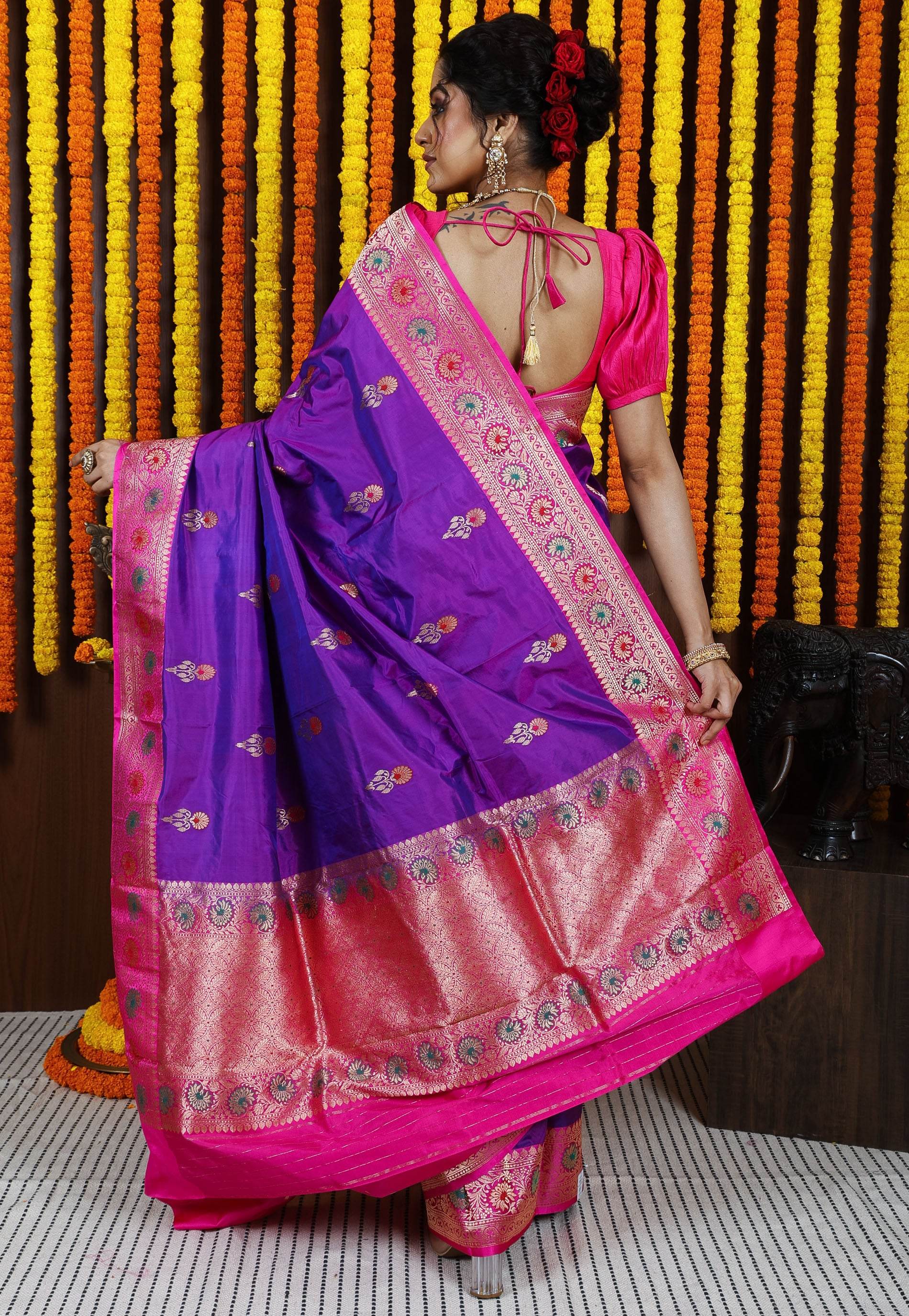 Purple Minakari with Rani Pink Border Kadwa Katan Silk Saree With Blouse Piece - Adi Akshoy & Co.