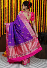 Purple Minakari with Rani Pink Border Kadwa Katan Silk Saree With Blouse Piece - Adi Akshoy & Co.