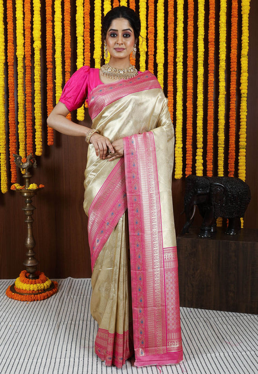 Golden with Rani Pink Border Tissue Kanjivaram Silk Saree With Blouse Piece - Adi Akshoy & Co.