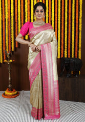 Golden with Rani Pink Border Tissue Kanjivaram Silk Saree With Blouse Piece - Adi Akshoy & Co.