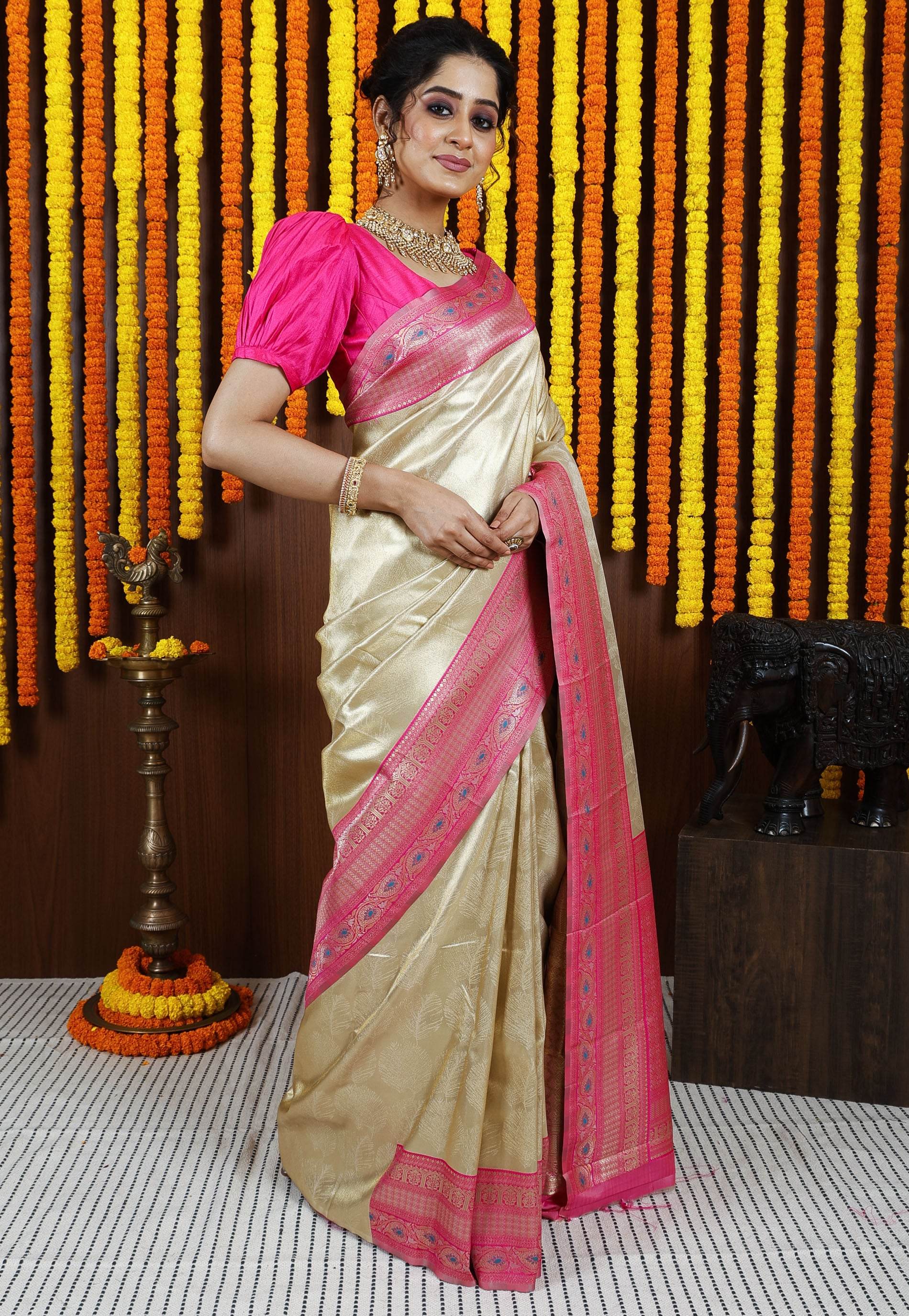 Golden with Rani Pink Border Tissue Kanjivaram Silk Saree With Blouse Piece - Adi Akshoy & Co.