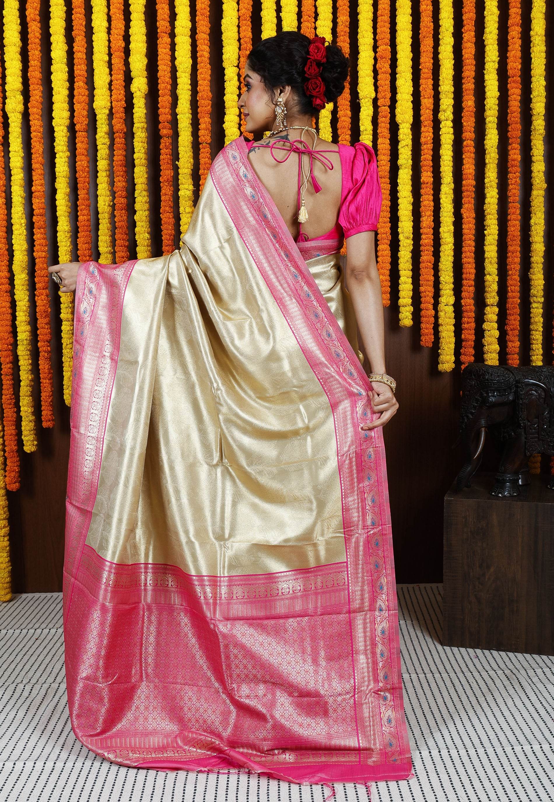 Golden with Rani Pink Border Tissue Kanjivaram Silk Saree With Blouse Piece - Adi Akshoy & Co.