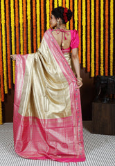 Golden with Rani Pink Border Tissue Kanjivaram Silk Saree With Blouse Piece - Adi Akshoy & Co.