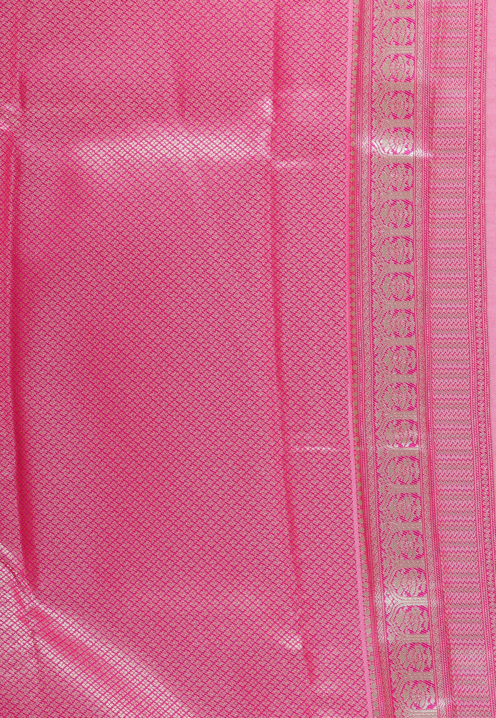 Golden with Rani Pink Border Tissue Kanjivaram Silk Saree With Blouse Piece - Adi Akshoy & Co.