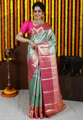 Sea Green Brocade with Rani Pink Border Tissue Kanjivaram Pure Silk Saree With Blouse Piece - Adi Akshoy & Co.