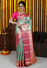 Sea Green Brocade with Rani Pink Border Tissue Kanjivaram Pure Silk Saree With Blouse Piece - Adi Akshoy & Co.