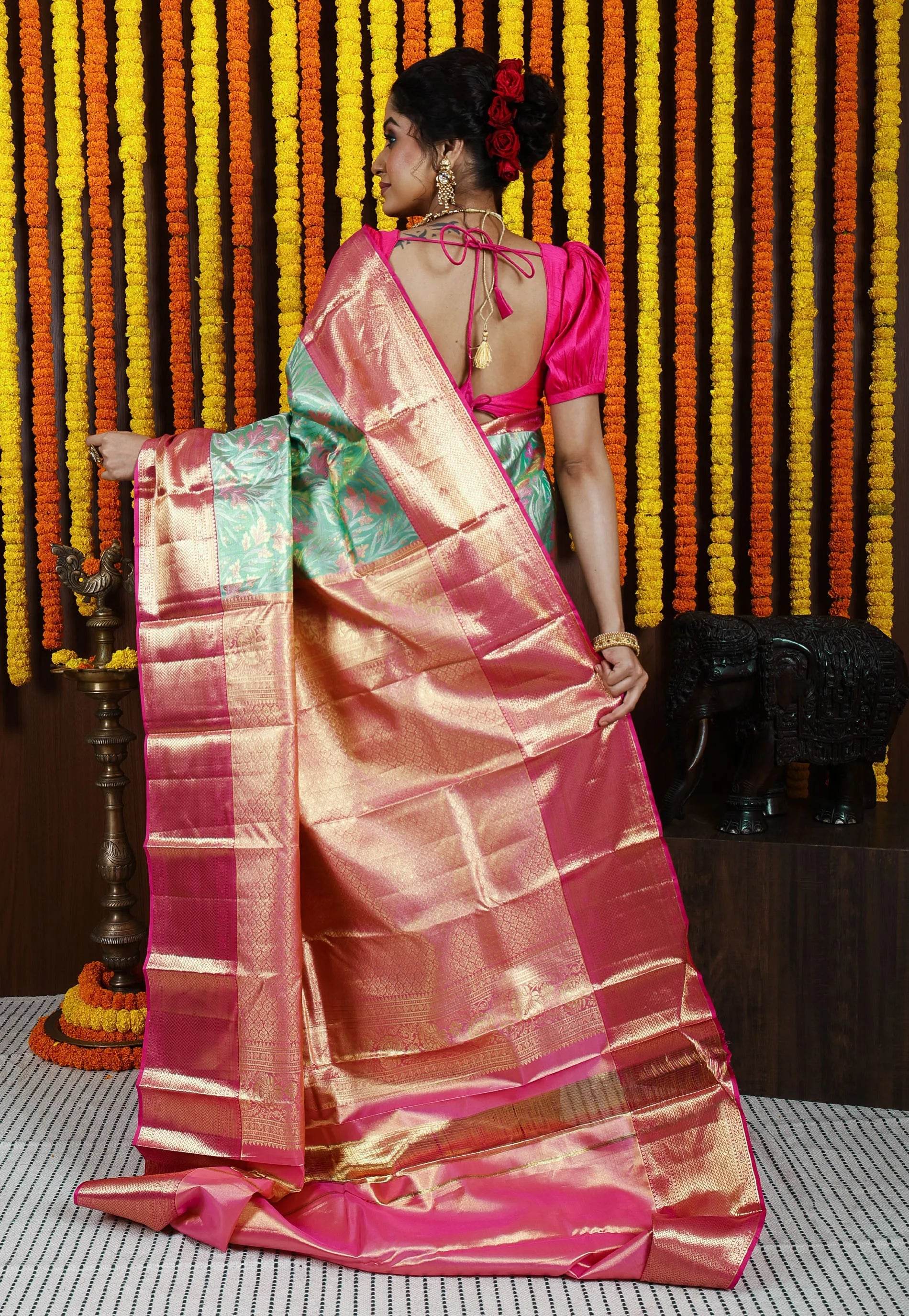 Sea Green Brocade with Rani Pink Border Tissue Kanjivaram Pure Silk Saree With Blouse Piece - Adi Akshoy & Co.