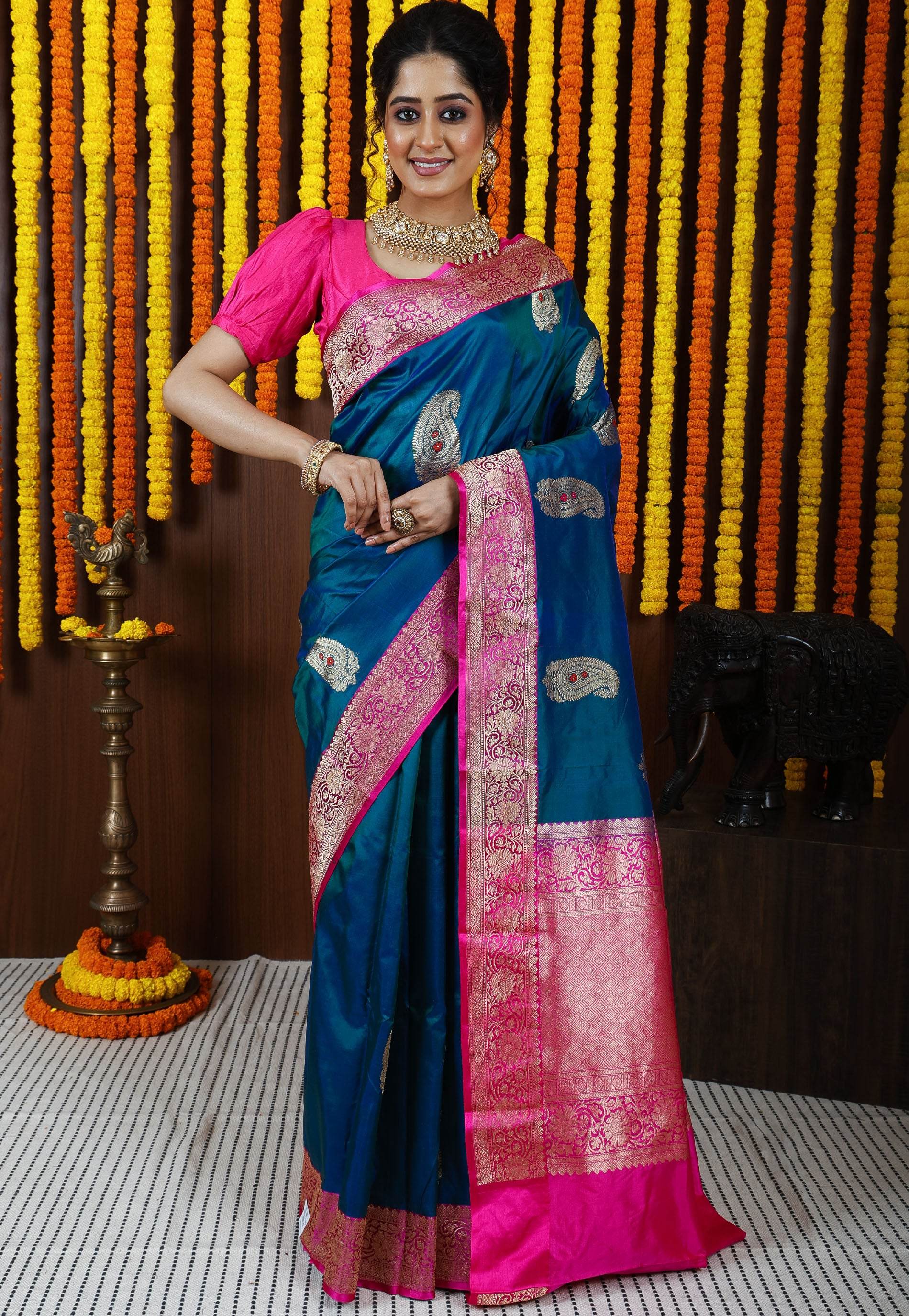 Peacock Blue Minakari with Rani Pink Border Kadwa Katan Silk Saree With Blouse Piece - Adi Akshoy & Co.