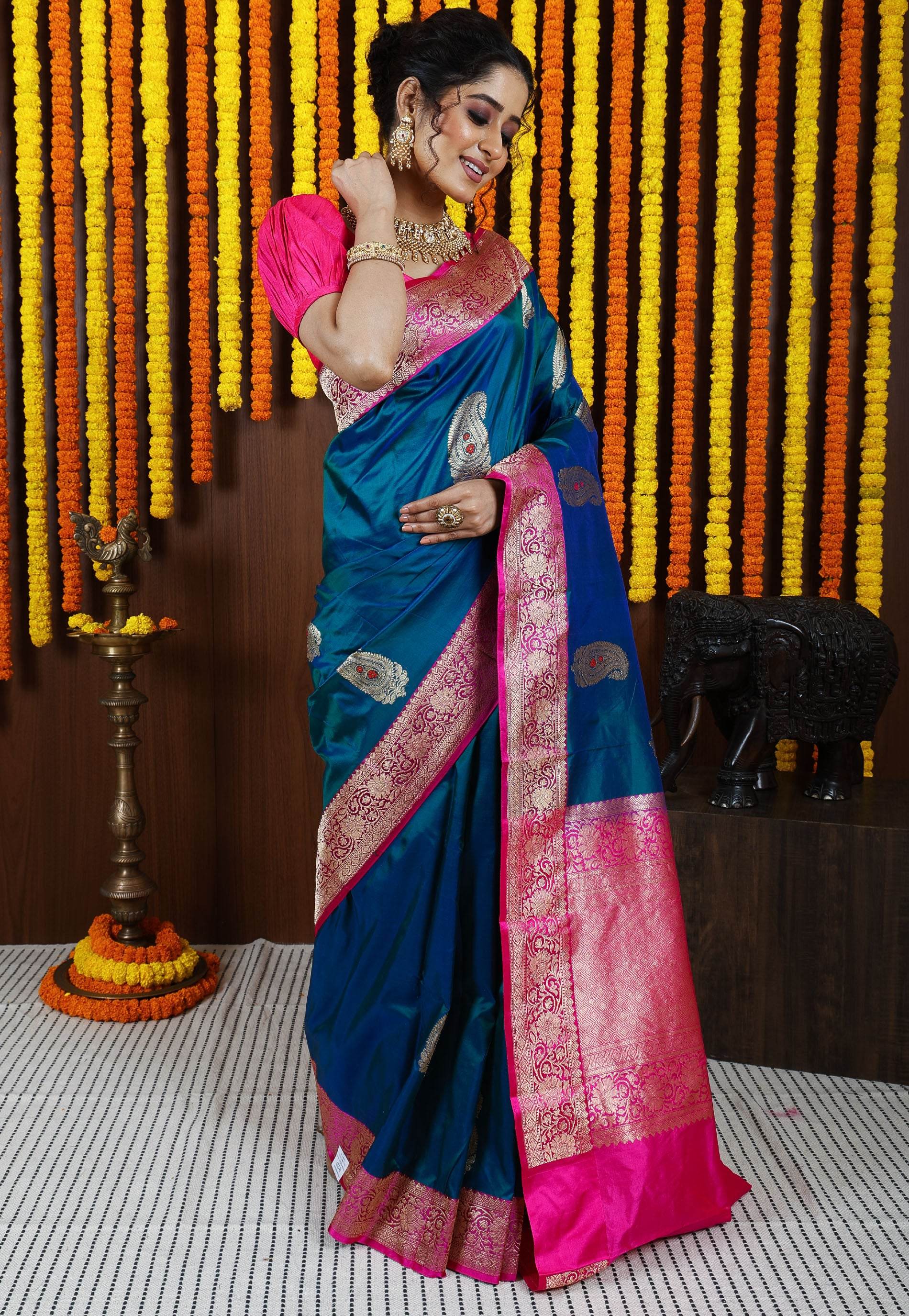 Peacock Blue Minakari with Rani Pink Border Kadwa Katan Silk Saree With Blouse Piece - Adi Akshoy & Co.