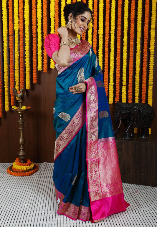 Peacock Blue Minakari with Rani Pink Border Kadwa Katan Silk Saree With Blouse Piece - Adi Akshoy & Co.