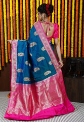 Peacock Blue Minakari with Rani Pink Border Kadwa Katan Silk Saree With Blouse Piece - Adi Akshoy & Co.