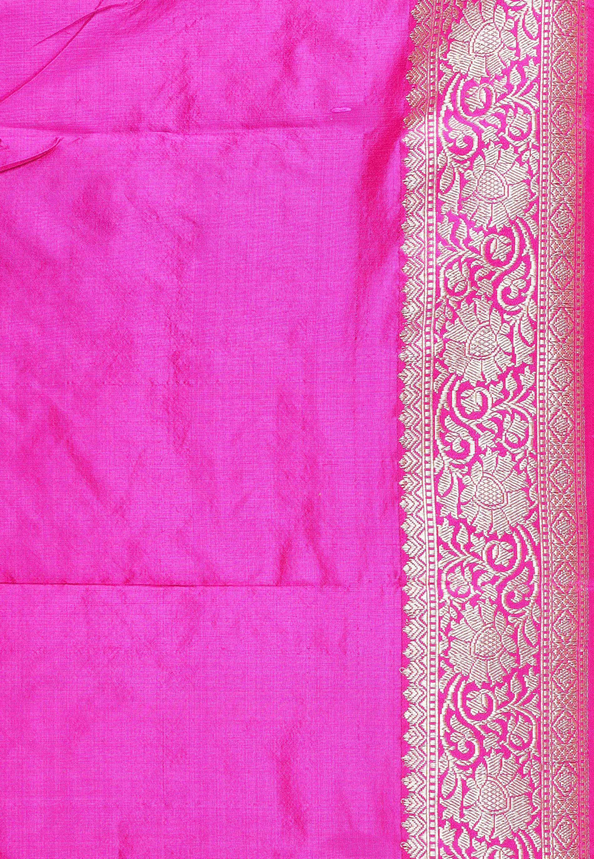 Peacock Blue Minakari with Rani Pink Border Kadwa Katan Silk Saree With Blouse Piece - Adi Akshoy & Co.