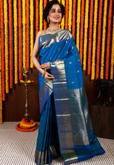 Peacock Blue Kanjivaram Silk Saree With Blouse Piece - Adi Akshoy & Co.