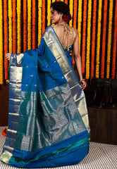 Peacock Blue Kanjivaram Silk Saree With Blouse Piece - Adi Akshoy & Co.