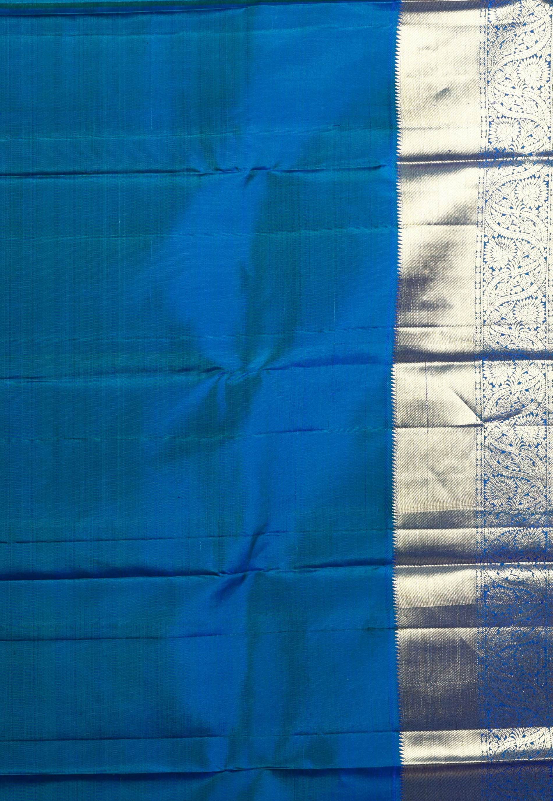 Peacock Blue Kanjivaram Silk Saree With Blouse Piece - Adi Akshoy & Co.