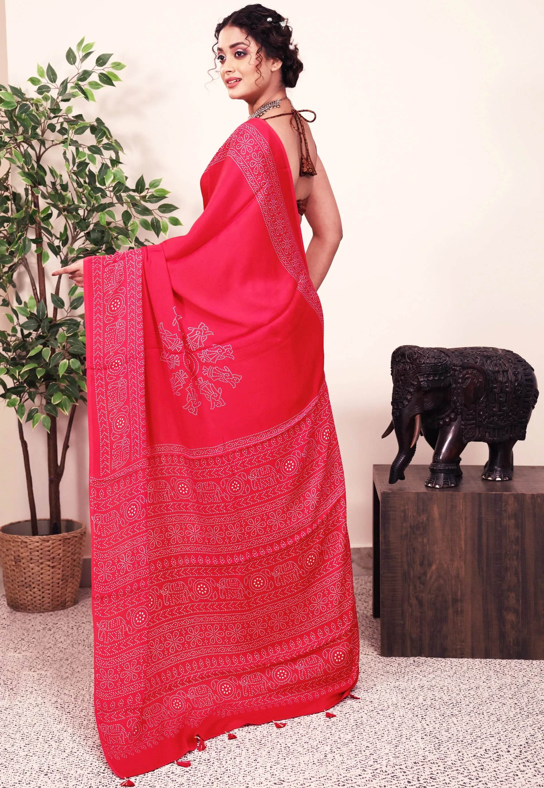 Red Ajrakh print in Modal Silk Saree With Blouse Piece - Adi Akshoy & Co.