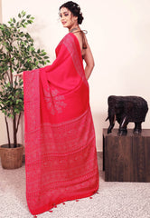 Red Ajrakh print in Modal Silk Saree With Blouse Piece - Adi Akshoy & Co.