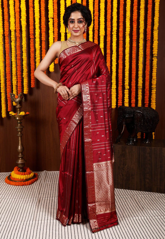 Maroon Katan Silk Saree With Blouse Piece - Adi Akshoy & Co.