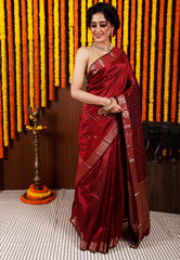 Maroon Katan Silk Saree With Blouse Piece - Adi Akshoy & Co.