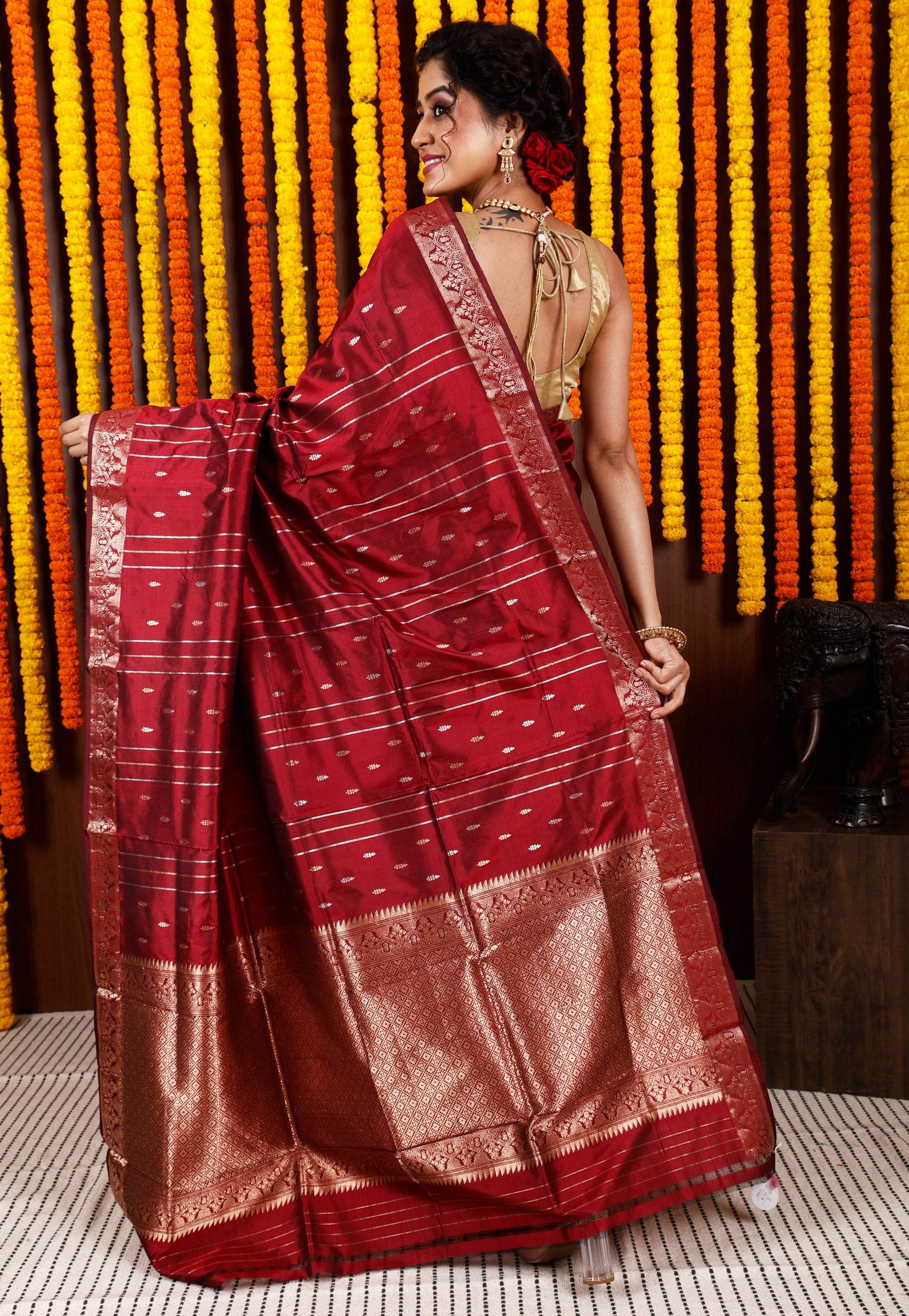 Maroon Katan Silk Saree With Blouse Piece - Adi Akshoy & Co.